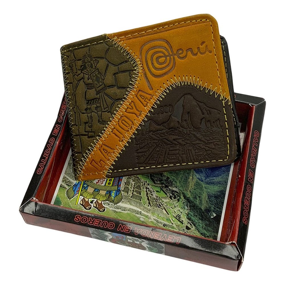 NWT CUSCO MACHU PICCHU PERU SOUVENIR MEN'S EMBOSSED BROWN LEATHER BIFOLD WALLET